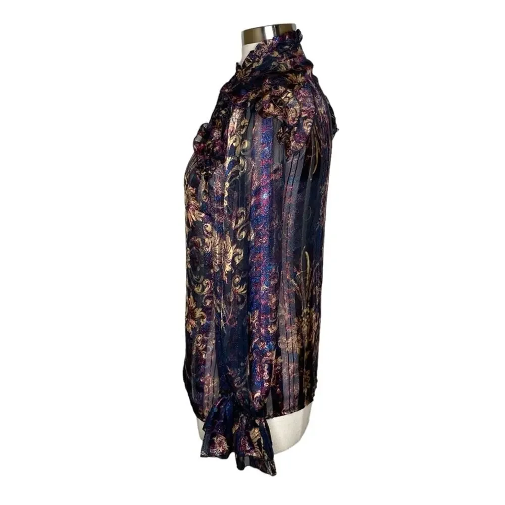 Jeff Gallano Printed Button Front Long Sleeve Sheer Blouse Women's UK 1‎ US 6 8